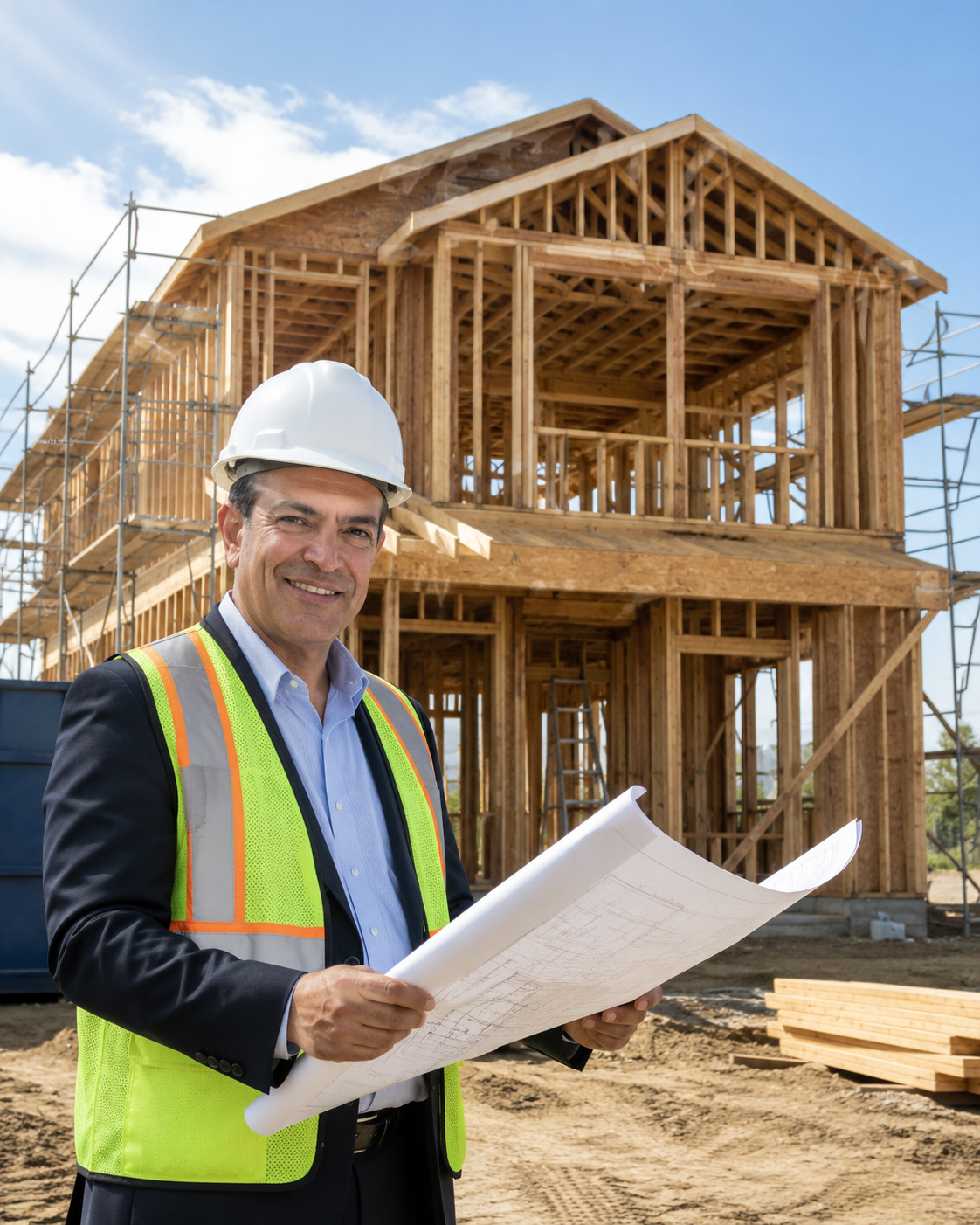 Jaber Moini at a San Diego construction site with project plans